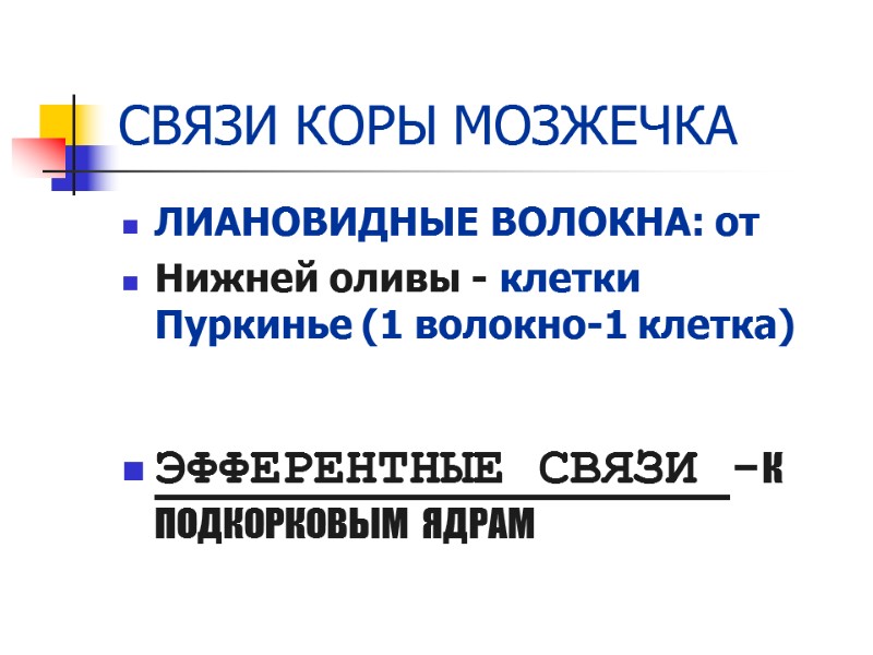 СВЯЗИ КОРЫ МОЗЖЕЧКА ЛИАНОВИДНЫЕ ВОЛОКНА: от Нижней оливы - клетки Пуркинье (1 волокно-1 клетка)